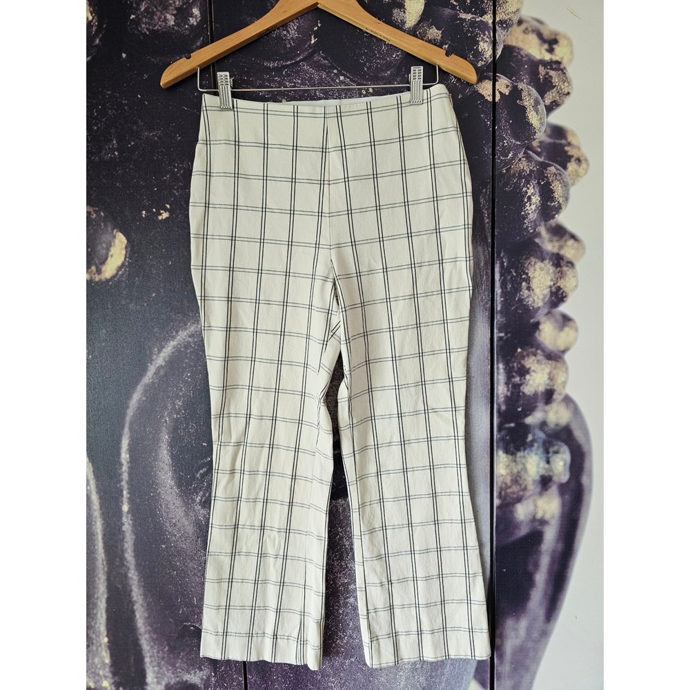 A New Day High Rise Flare Pants Cream Black Windowpane Plaid Cropped Trousers 6